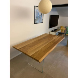 Tavolo con 4 gambe vetro, piano in legno massello 160x90x77 cm